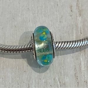 Pandora Teal Flowers Murano Charm 925